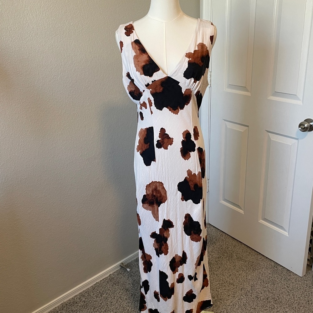 Sleeveless Maxi Dress in White with Brown and Black Floral Print
